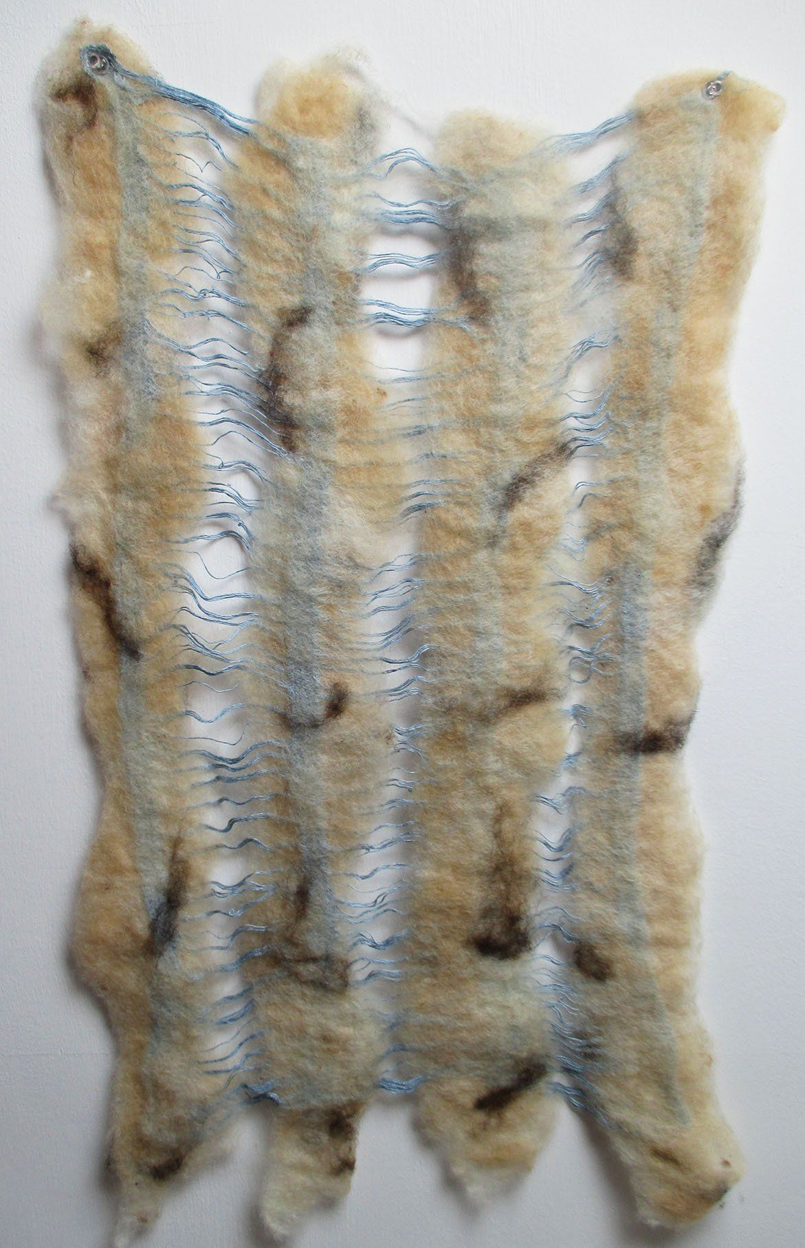 2 - Large sample of blue linen knit felted between a variety of wools