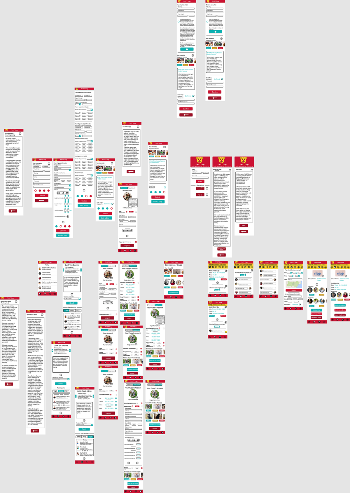 1= F.A.S.T Dogs Screen Display 2-4 = Hero Images for F.A.S.T Dogs 5= User Journey for F.A.S.T Dogs 6= Service Blueprint of F.A.S.T Dogs 7= Life Cycle of a Service Animal (for context)