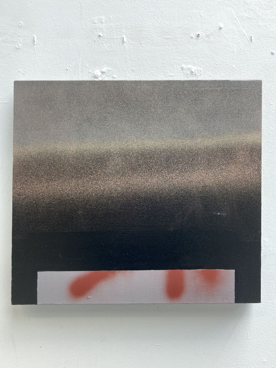 5. Sanding a pallet, Acrylic, aerosol and gloss on canvas, 44 x 49cm.