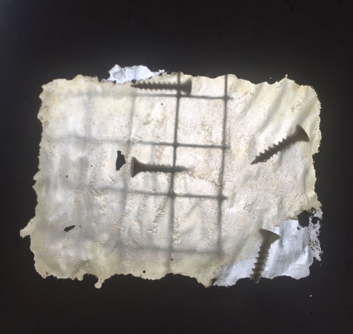 image 7- 'Three Mattresses, 3 Plates', concrete, resin, electrical cables, coins, nails, thread, oil paint.