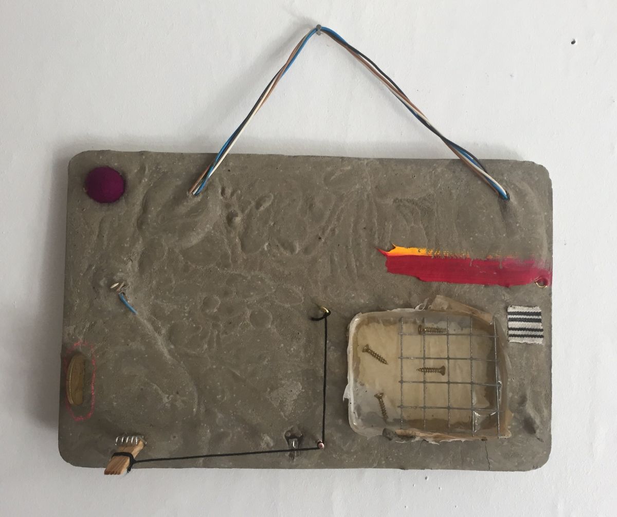 image 6- 'Three Mattresses, 3 Plates' concrete, resin, electrical cables, coins, nails, thread, oil paint.