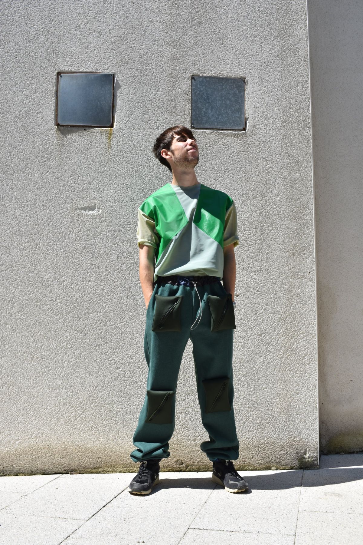 1 cotton denim trousers, hand dyed power mesh t-shirt.