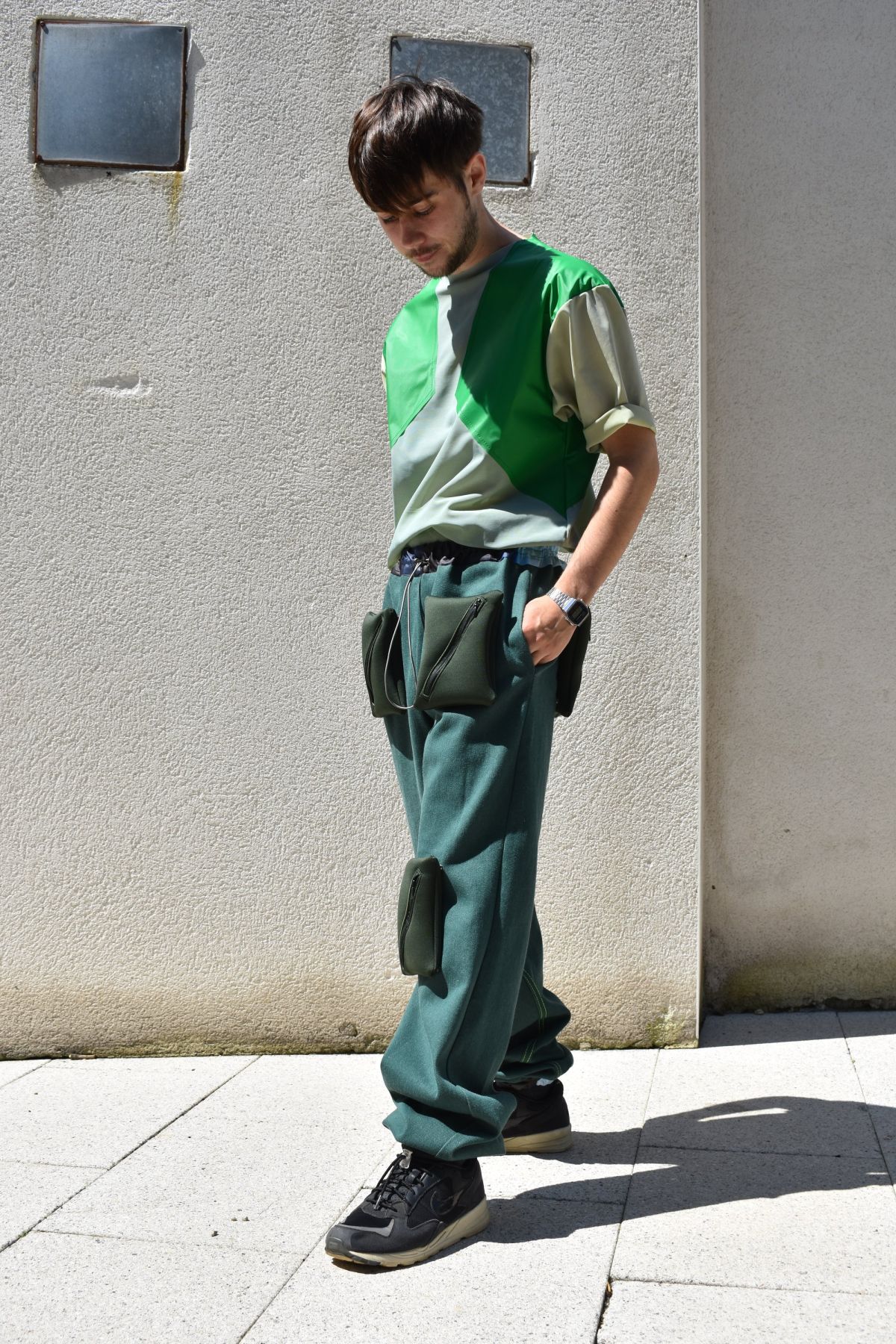 2 cotton denim trousers, hand dyed power mesh t-shirt.
