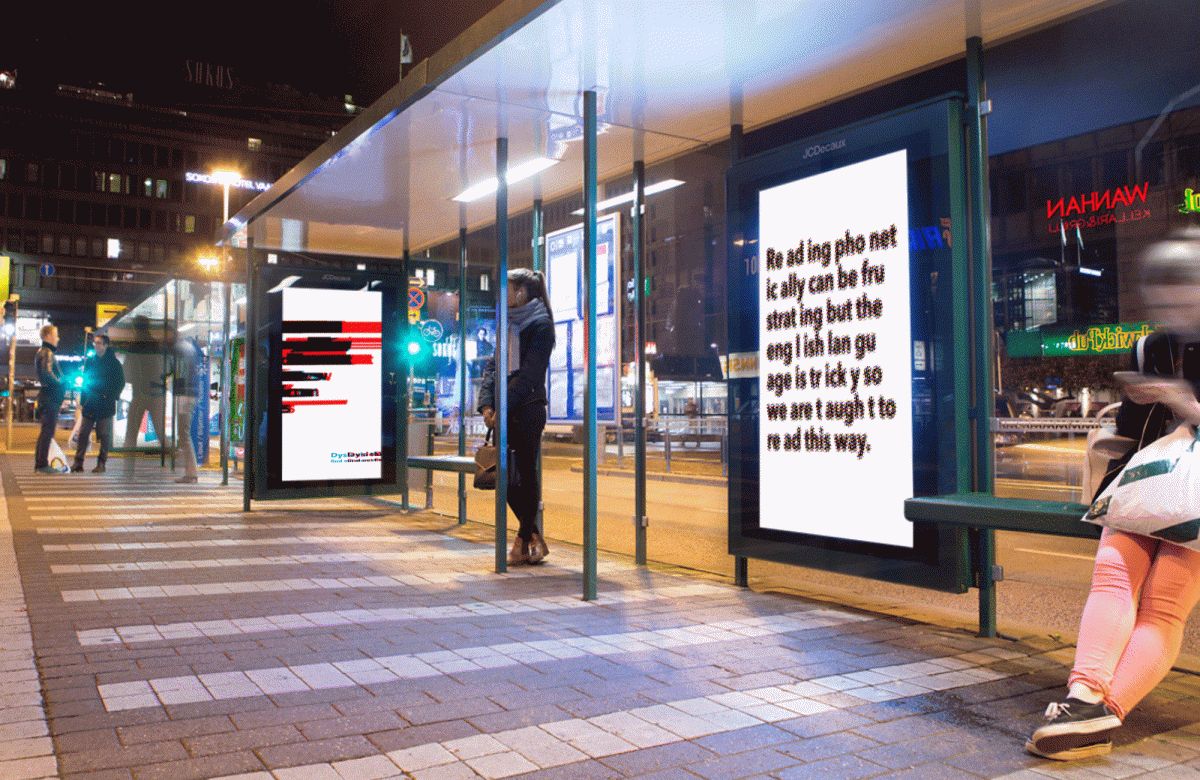 An empathy tool made for digital screens, displaying the difficulties that dyslexics may encounter in the processing of letters and words.