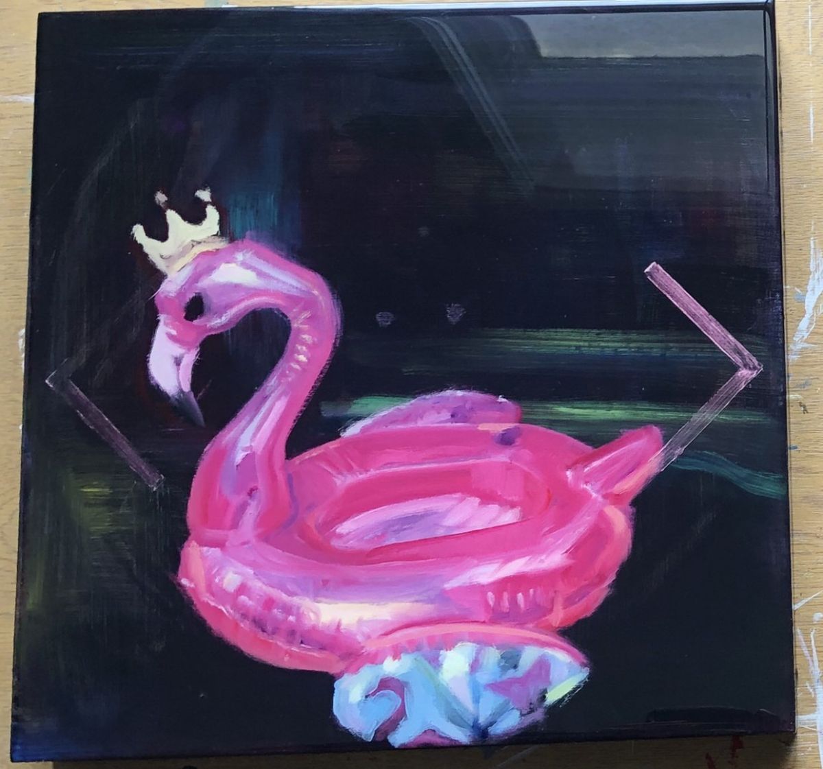 2. Plasticene, Flamingo Queen. Oil and resin on wood panel (30cm x 30cm)