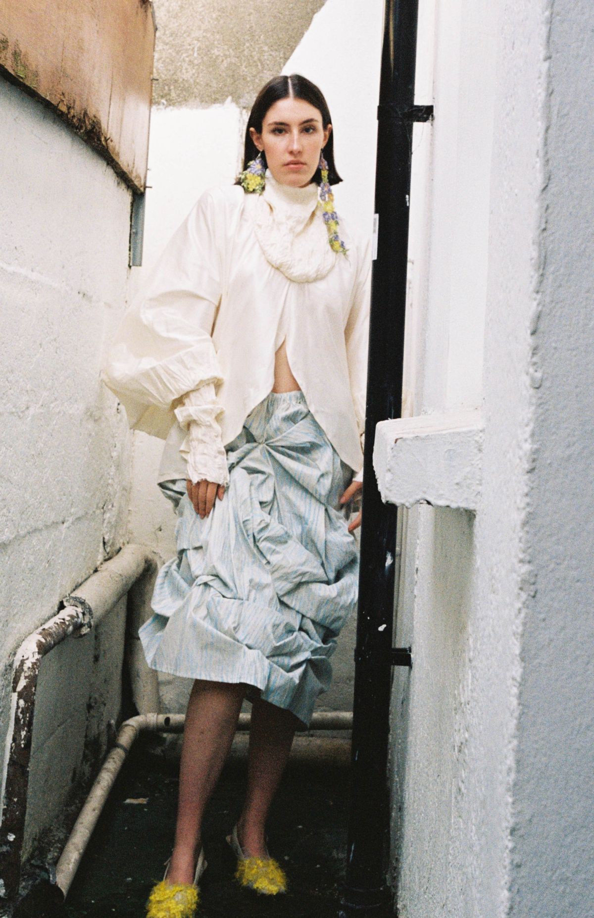 Outfit 1 - Hand-painted squash dress with tulle and lace gloves, hat, and earring bralette. All hand-dyed, painted and embroidered, repurposed from unwanted wedding dresses.