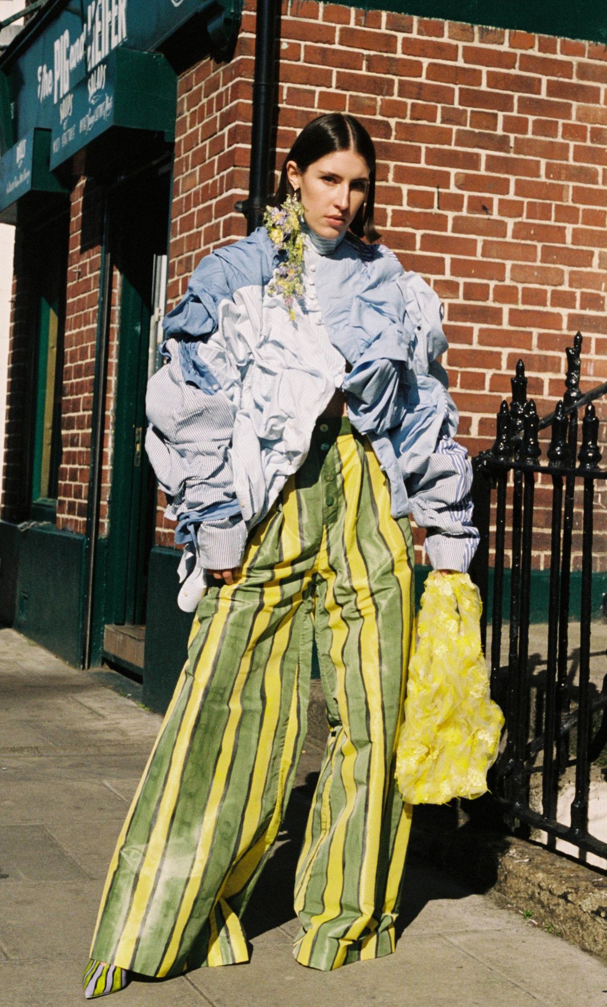 Outfit 3 - hand-painted silk taffeta bralette, and silk taffeta wide leg trousers. Covered in hand-painted and embroidered lace appliqué.