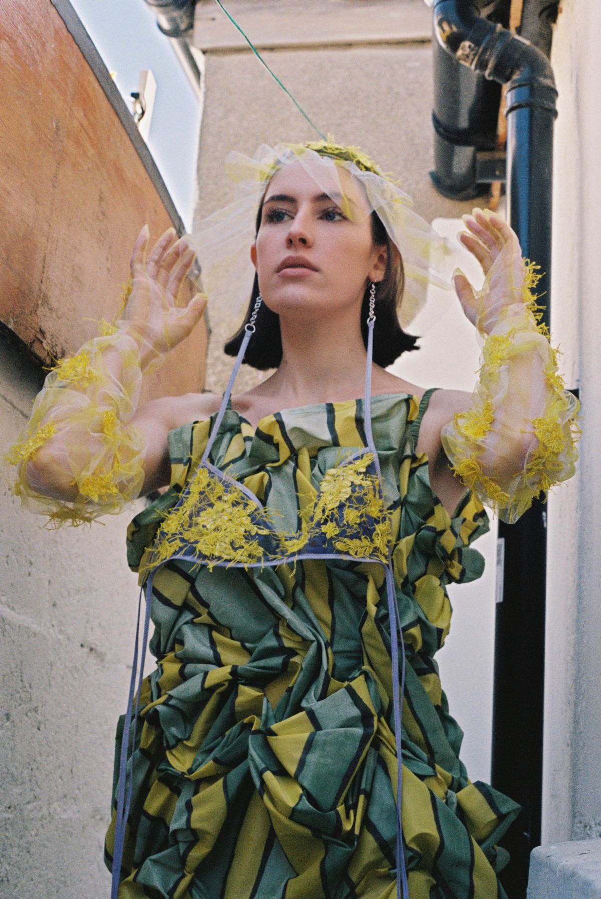 Outfit 4 - silk taffeta blouse made from the 6 panels of an unwanted wedding dress, with crinkle pleating areas. A hand-painted and manipulated squashed skirt in silk taffeta. Both feature repurposed silk-covered buttons.