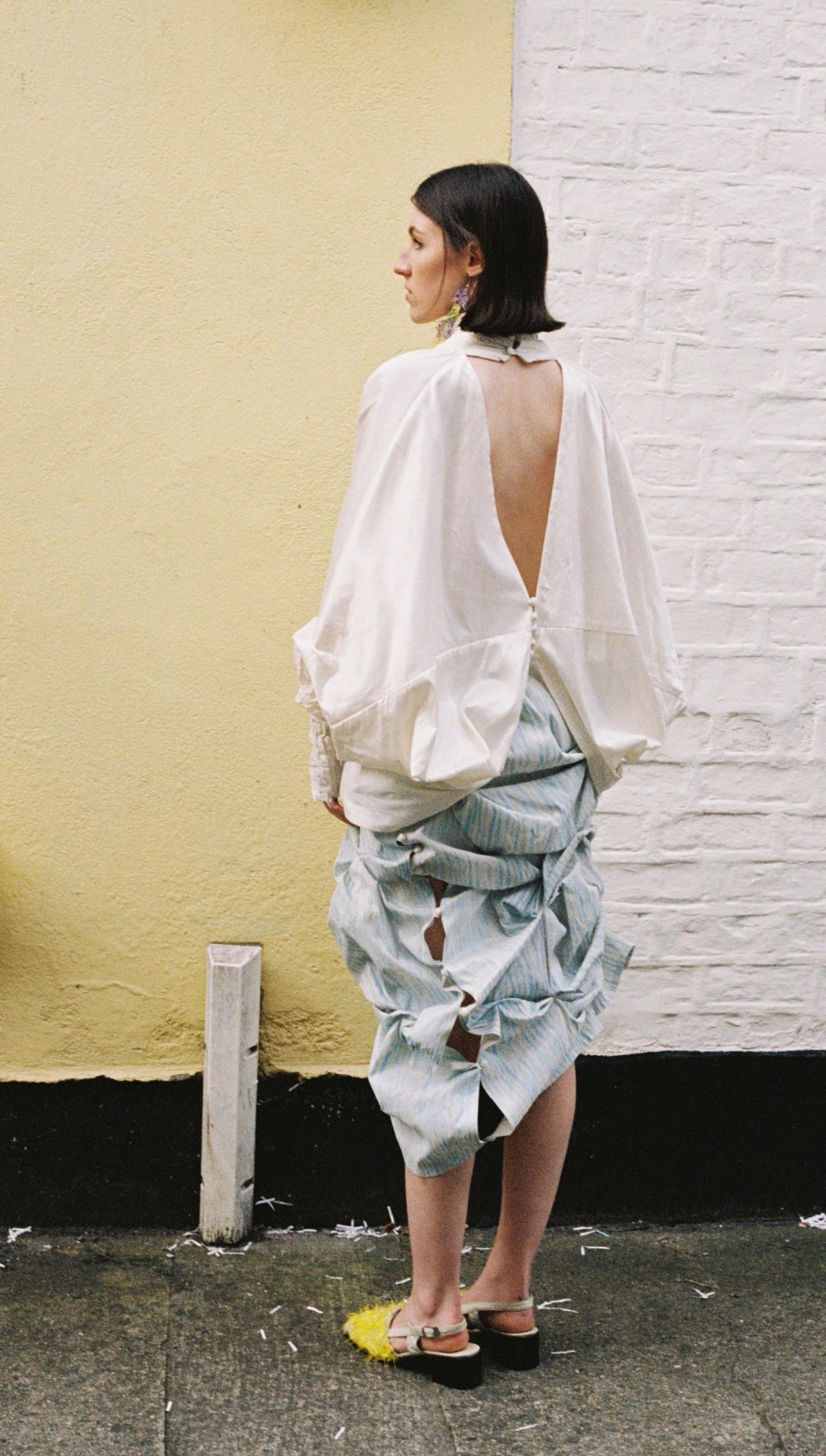 Outfit 1 - Hand-painted squash dress with tulle and lace gloves, hat, and earring bralette. All hand-dyed, painted and embroidered, repurposed from unwanted wedding dresses.