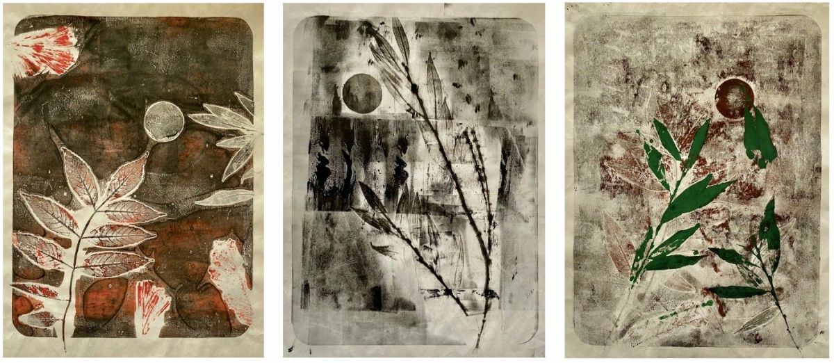 Midnight, triptych, monoprint on newsprint (A3)