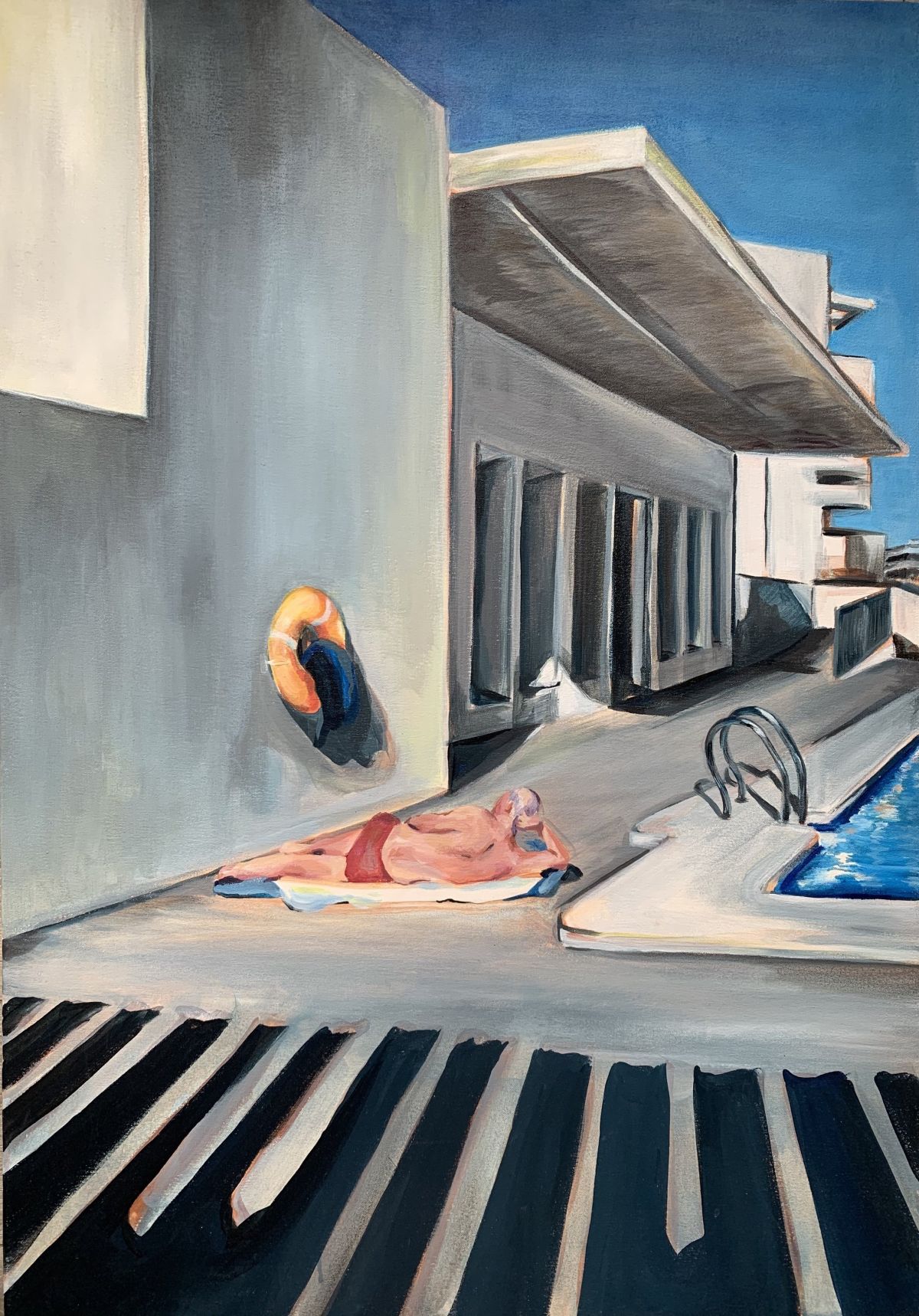 Painting 4: “Somewhere in the garden was a swimming pool filled with unsettled water.” Acrylic on canvas 75x110cm