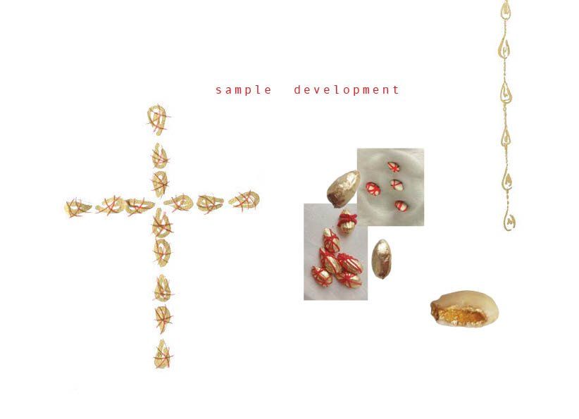 4. - Sample development - almonds wrapped in gold leaf, couched down with red embroidery thread