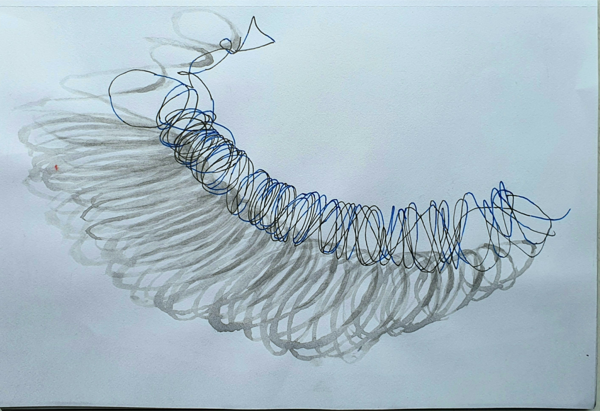Coil of Japanese silk (gel pen and ink wash on paper)