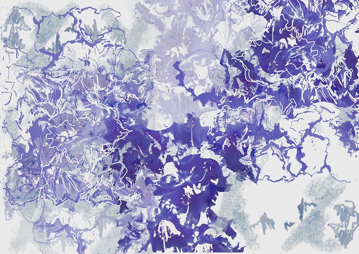 3.Markmaking print created using oil paint with physical drawing on top edited on photoshop subject influenced by vegetation