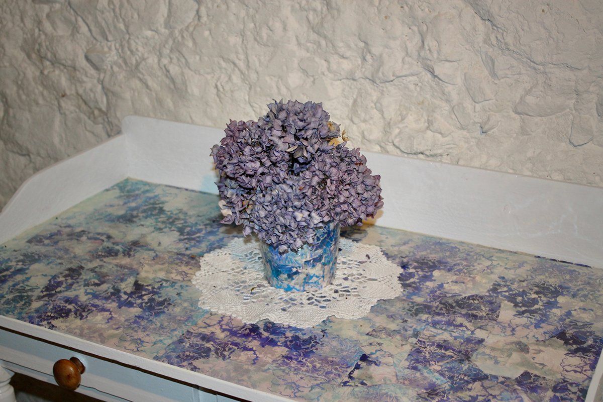 6.Upcycled 100 year old table , sanded down and painted, printed using decoupage process . Referencing an era where we relied on the natural world.