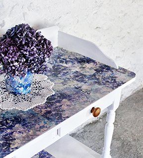 4.Upcycled 100 year old table, sanded down and painted and painted, printed using decoupage process Referencing an era where we relied on the natural world.