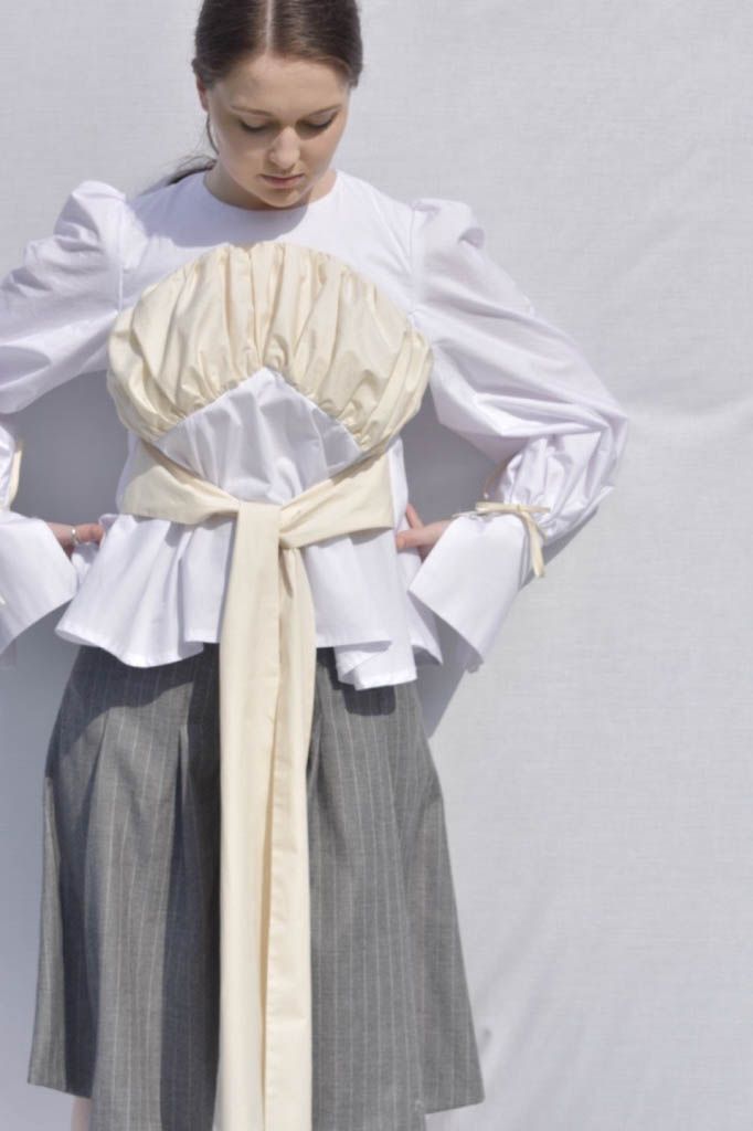-Every Grace and Blessing You Need - Outfit 2; Underlayer, suiting wool shorts and cotton blouse.