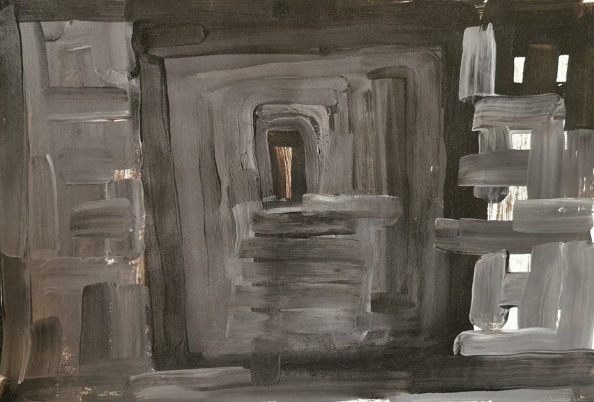 6. How the sun will find us at the end of winter (1).jpg. Indian ink, gesso and carborundum powder on paper. 42 cms x 28 cms.