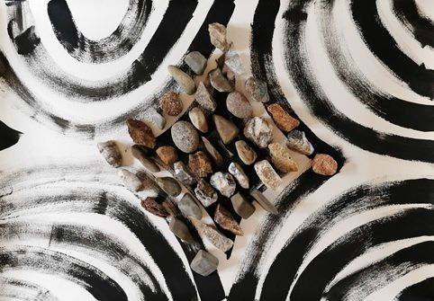 10. Interstice and Calendar stones.jpg. gesso, carborundum powder and Indian ink on paper, with 40 stones from Quarantine calendar. 108 cms x 76 cms.