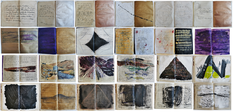 2. Book.jpg. Acrylic paint, inks, gesso, carborundum powder & cotton thread from prayer flags, in 24 double pages of 32 cms x 25 cms.