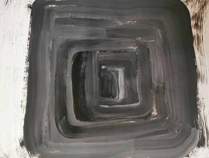7. How the sun will find us at the end of winter (2).jpg. Indian ink, gesso and carborundum powder on paper. 42 cms x 28 cms.